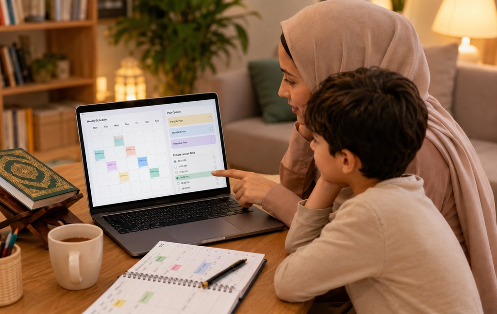 Family reviewing monthly lesson plan options together