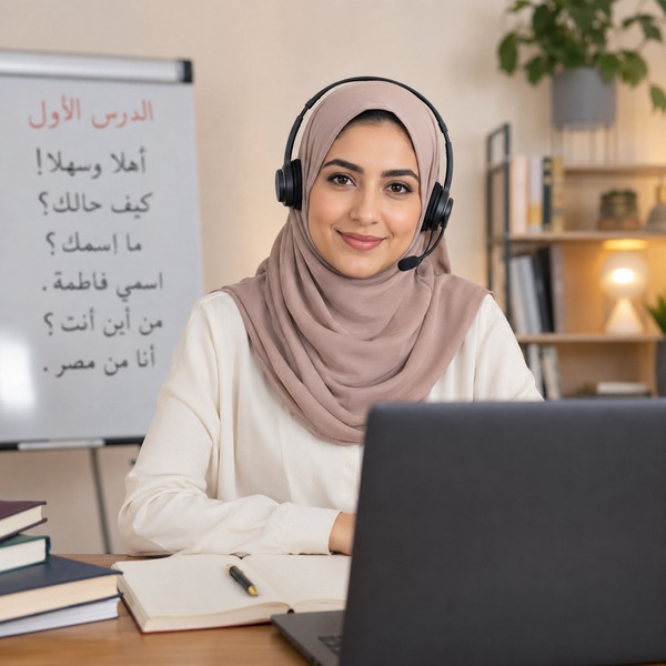 Tutor delivering an online Arabic lesson from home