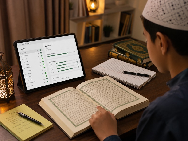 Student following a structured Quran memorisation revision plan
