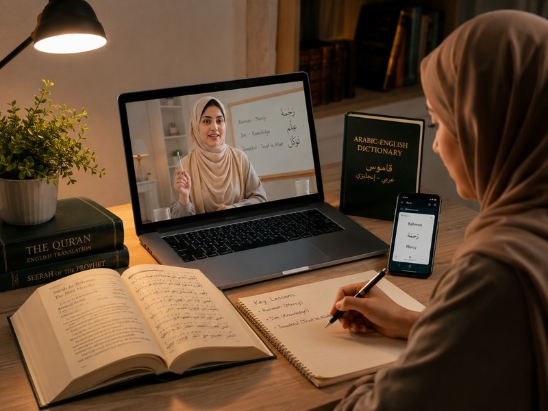 Student learning Quran vocabulary and meanings online