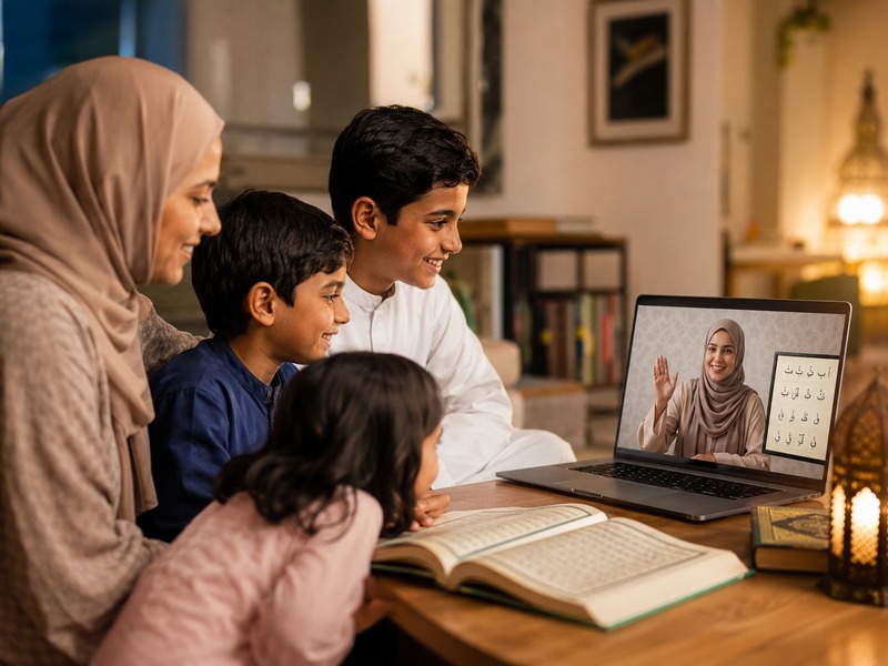 Family learning Arabic and Quran together in an online lesson